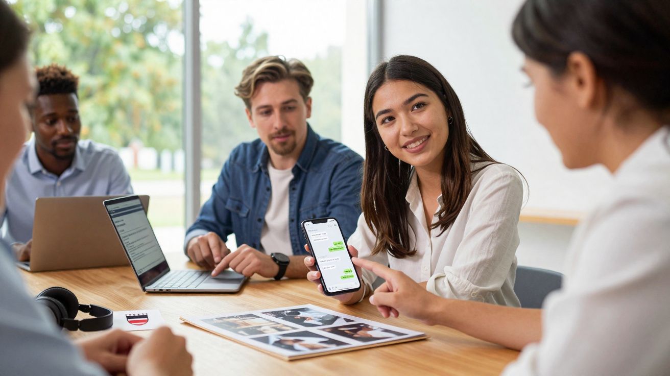 Grupo de jovens em reunião, mulher mostra mensagens no telemóvel enquanto outros escutam ativamente.