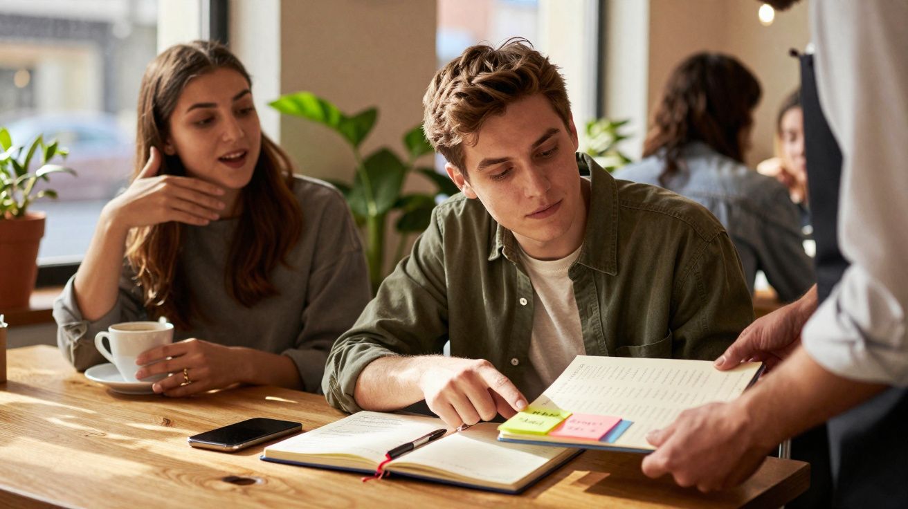 Jovem casal num café conversando, com livros abertos e um empregado a mostrar um menu.