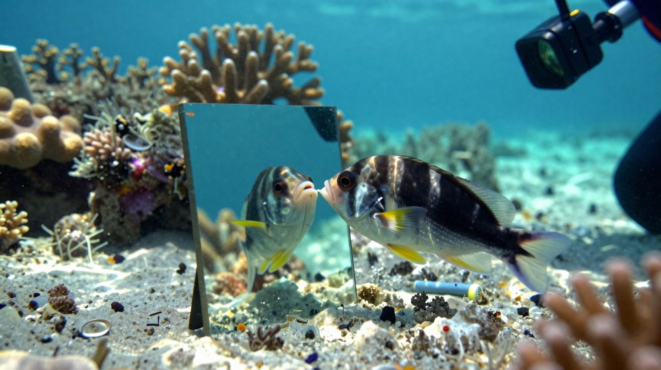 Peixe submarino a olhar para o seu reflexo num espelho entre corais no fundo do mar.
