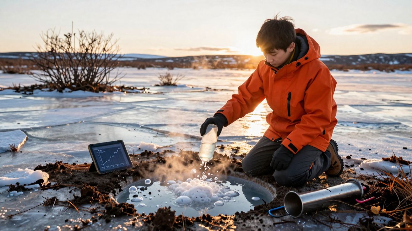Criança com casaco laranja a recolher amostra de água em lago gelado durante pôr do sol.