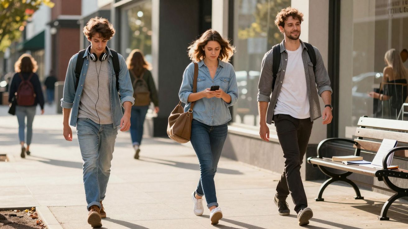 Três jovens a caminhar numa rua urbana, um a olhar para o telemóvel e os outros com mochilas às costas.