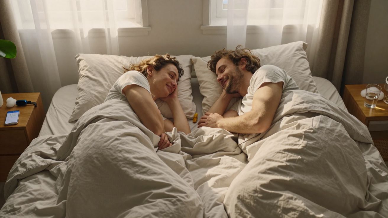 Casal deitado na cama coberto com edredons bege, sorrindo e olhando um para o outro.