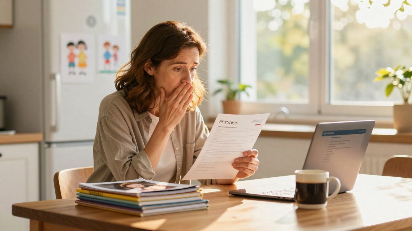 Mulher preocupada lê documento de pensão sentada à mesa com computador portátil e livros.