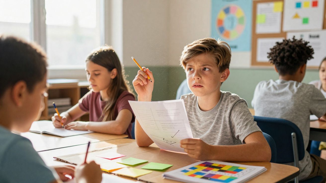 Criança a levantar a mão na aula, segurando papel e lápis, com colegas a estudar em sala de aula iluminada.