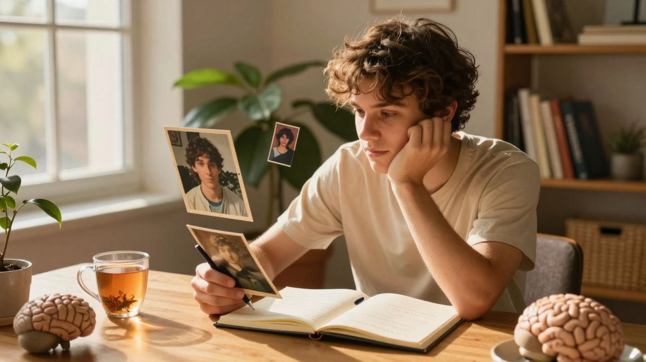 Jovem sentado à mesa a estudar com fotos flutuantes e dois modelos de cérebro ao lado, ambiente calmo.