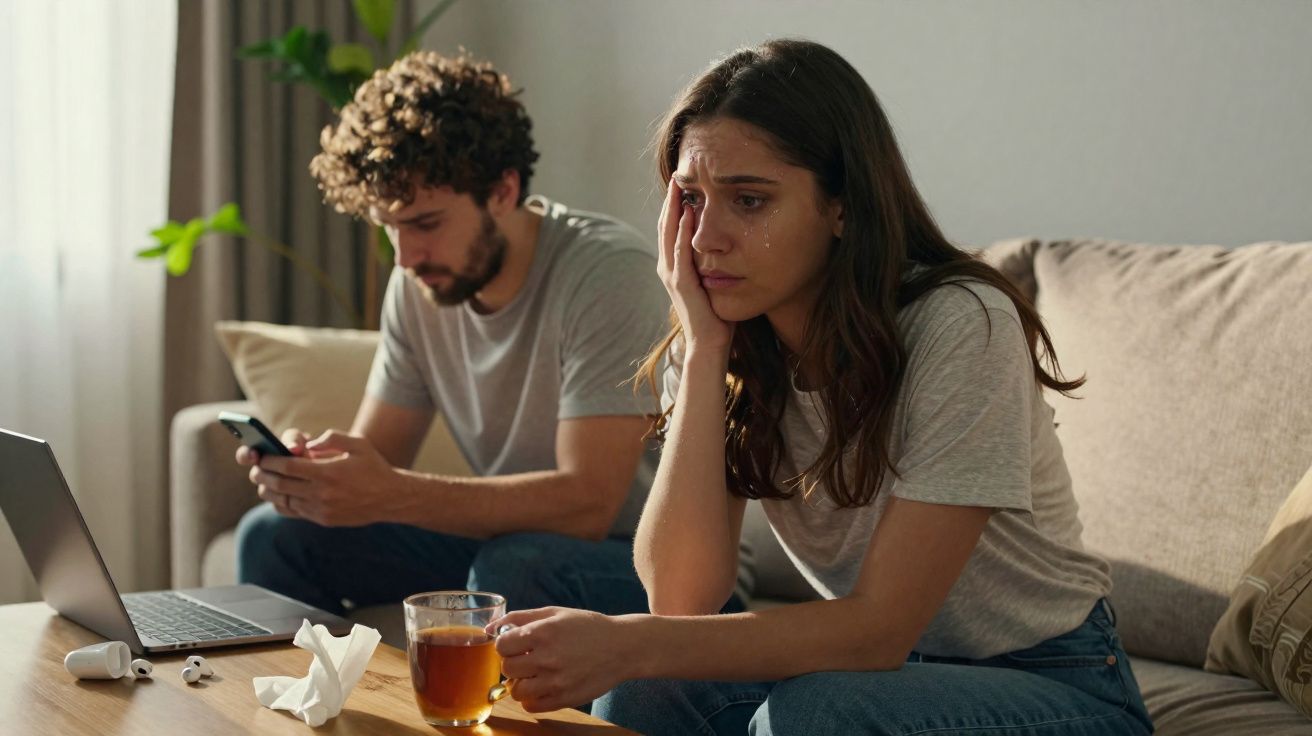 Mulher com lágrimas no rosto segura chá, homem ao fundo usa telemóvel, ambos sentados numa sala.