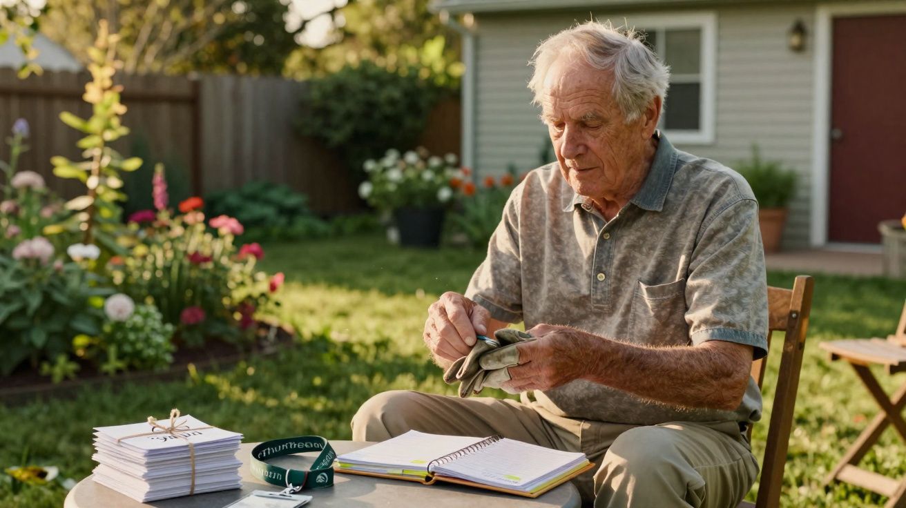 Idoso sentado no jardim a ler e organizar cartas, com flores e plantas ao fundo.