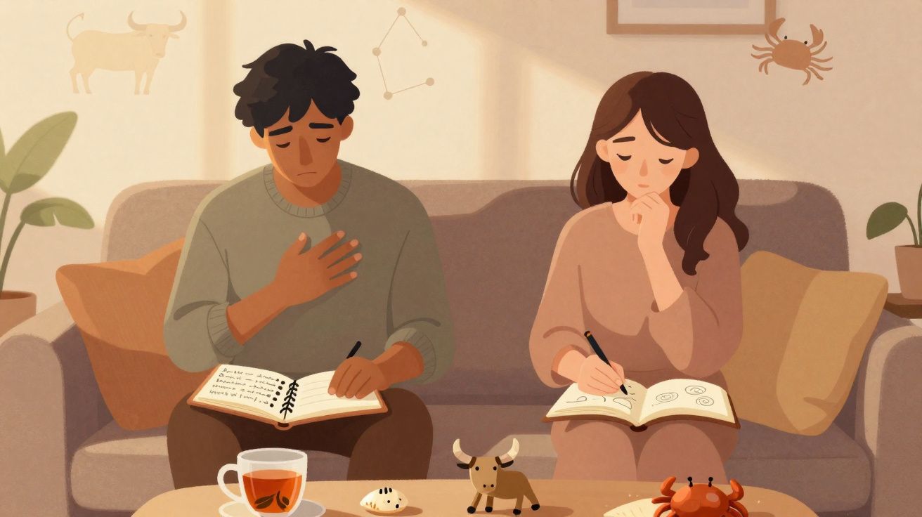 Homem e mulher sentados no sofá a escrever em cadernos, com decoração calma e chá na mesa.