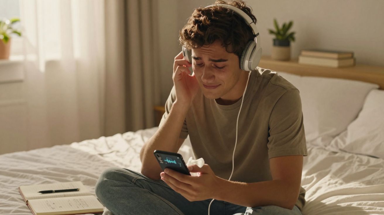 Jovem sentado na cama com auscultadores a ouvir música, emocionado e a segurar um telemóvel.