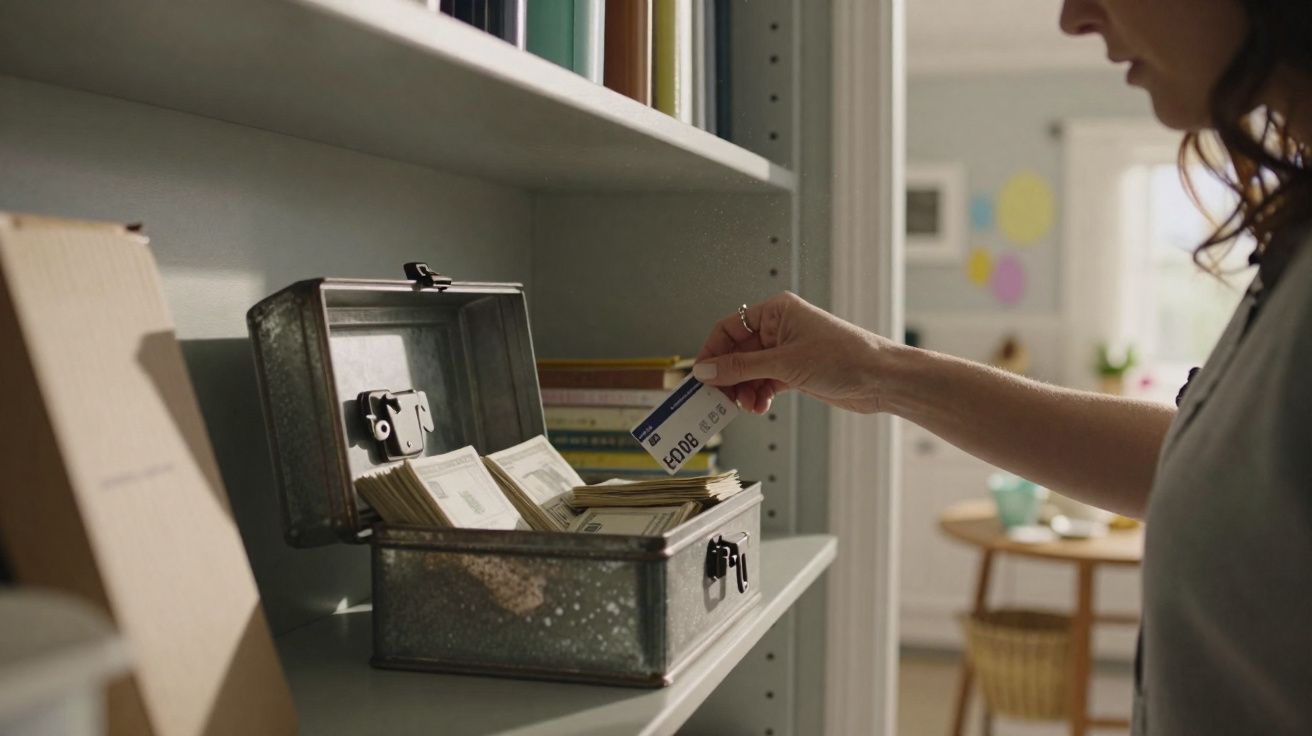 Pessoa a guardar cartões e documentos numa caixa metálica num armário branco.