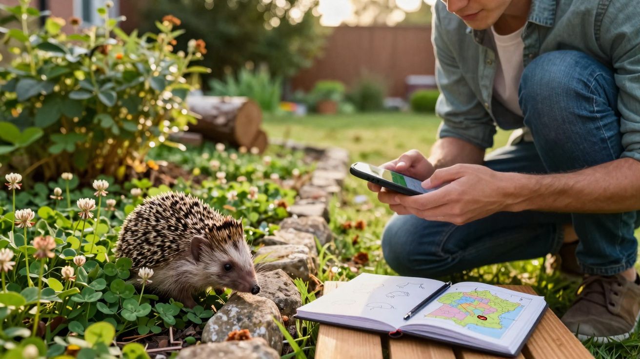 Homem agachado no jardim a fotografar um ouriço-cacheiro próximo a um caderno aberto com desenhos e mapa.