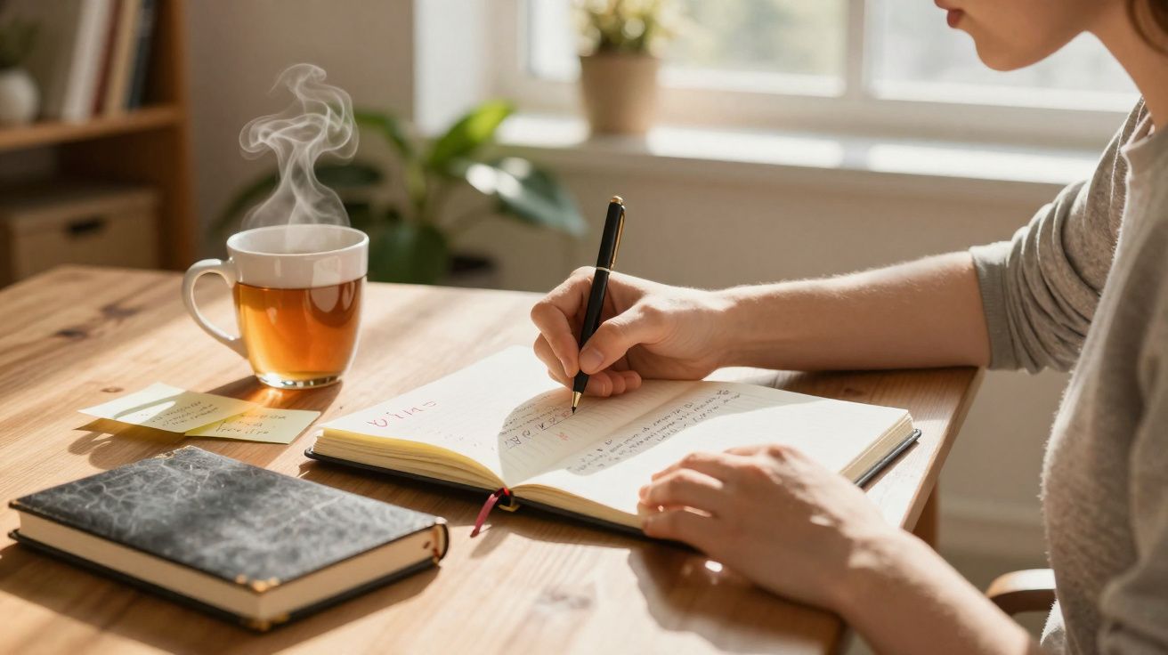 Pessoa a escrever num caderno numa mesa de madeira com chá quente e notas autocolantes ao lado.