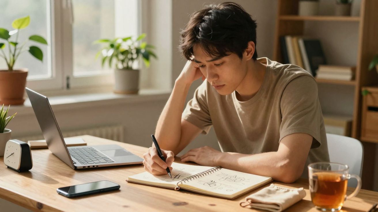 Jovem sentado a desenhar num caderno à frente de um computador portátil numa mesa de madeira iluminada pela luz natural.
