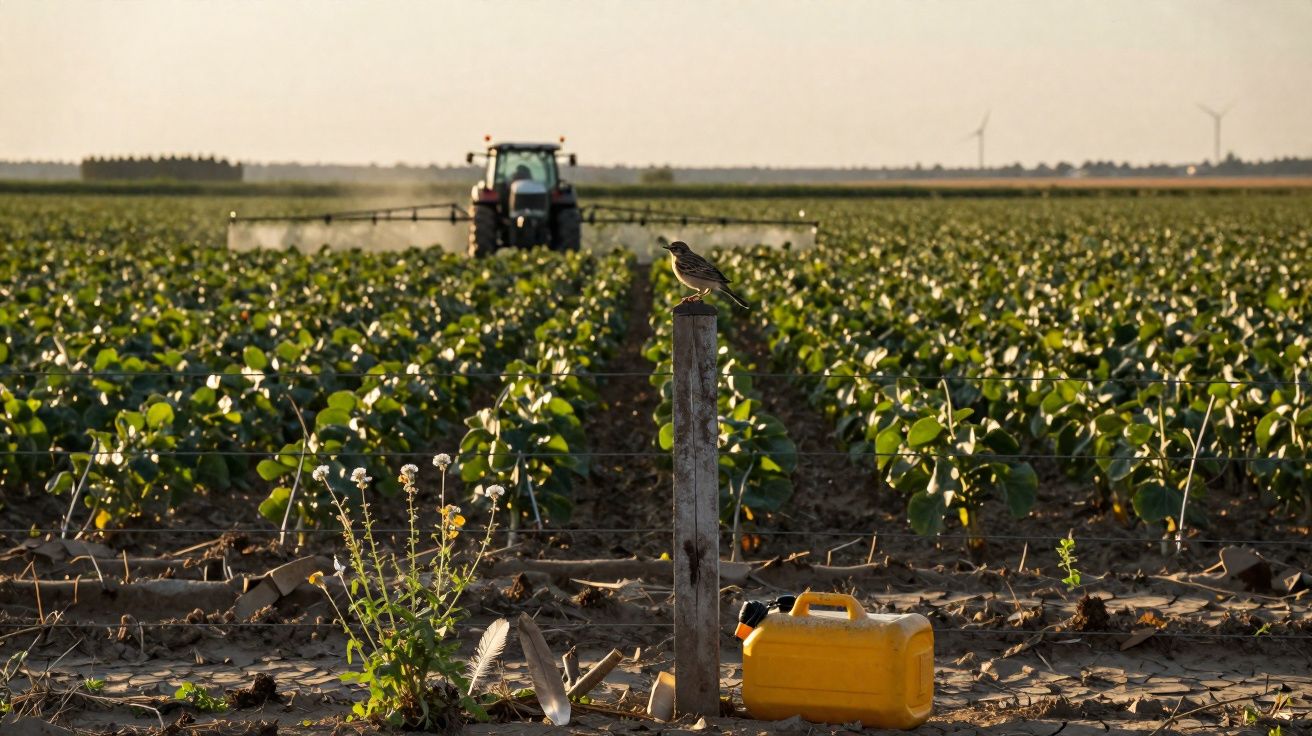 Pássaro em poste junto a campo cultivado, com trator pulverizador e galão amarelo ao fundo ao pôr do sol.