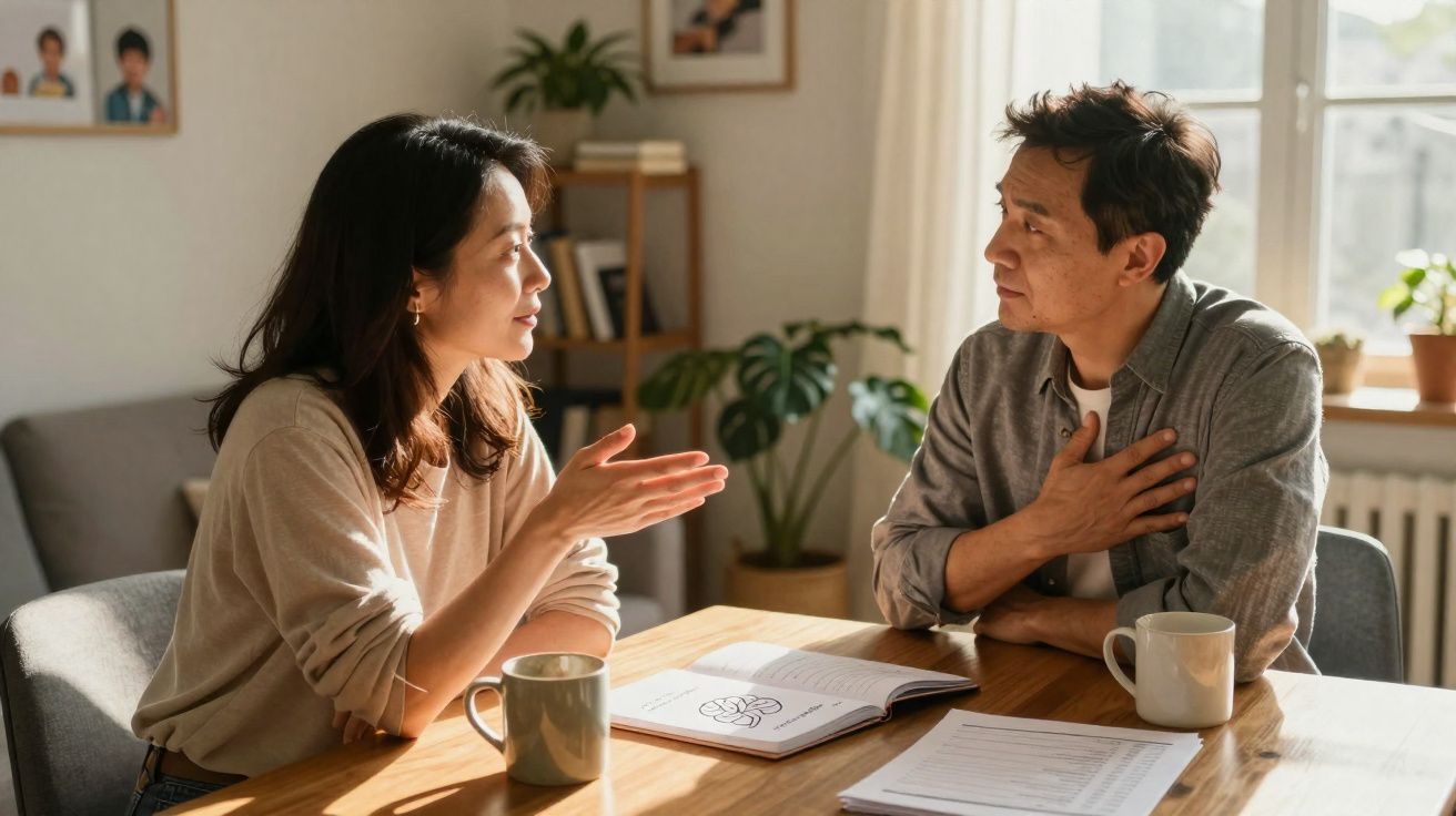 Casal asiático sentado à mesa a conversar, com livros e canecas à frente, luz natural a entrar pela janela.