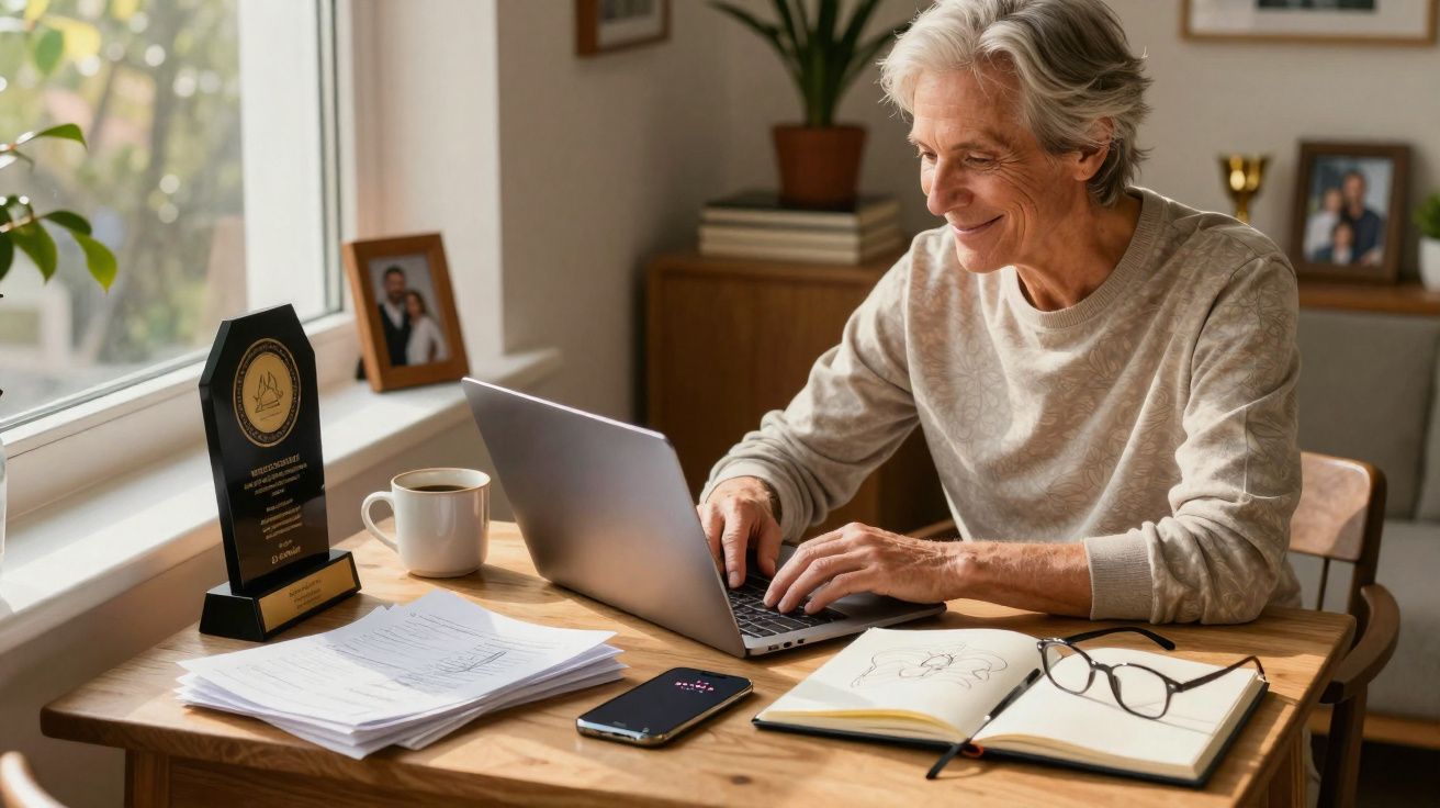 Pessoa sénior a trabalhar num portátil numa mesa com cadernos, telemóvel, caneca e troféu.