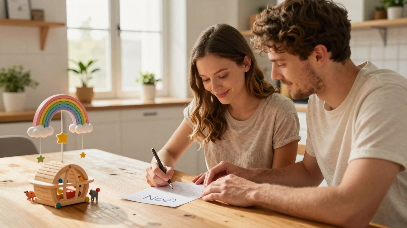 Casal jovem sentado à mesa a escrever em papel com brinquedo de arco-íris à esquerda.