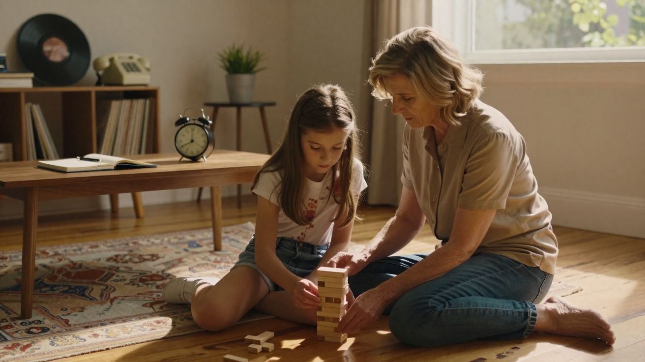 Avó e neta sentadas no chão a jogar com blocos de madeira numa sala iluminada pelo sol.