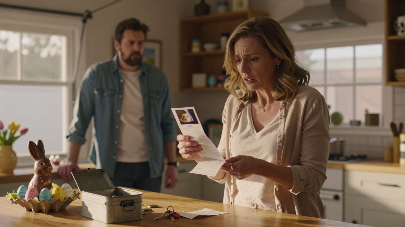 Mulher preocupada a ler carta na cozinha, homem observa ao fundo, decoração de Páscoa na mesa.