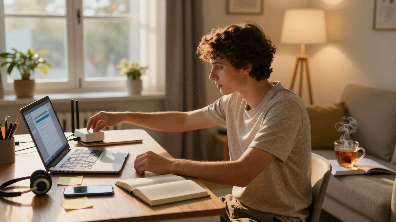 Jovem sentado numa secretária, a trabalhar num computador portátil numa sala iluminada e com chá quente a fumegar.