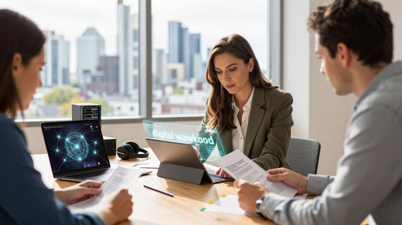 Três profissionais em reunião de trabalho com documentos e tecnologia digital numa sala moderna com vista urbana.