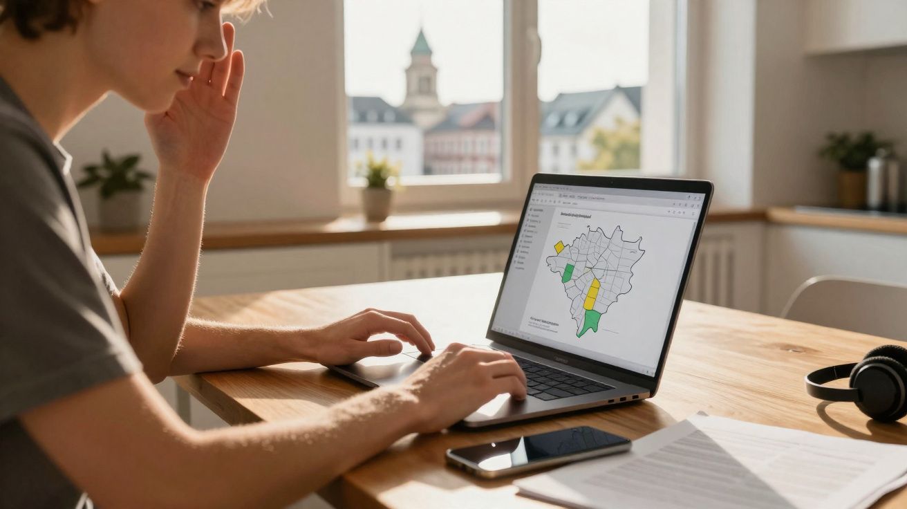 Pessoa a analisar mapa colorido num portátil numa mesa de madeira, com smartphone e documentos próximos.