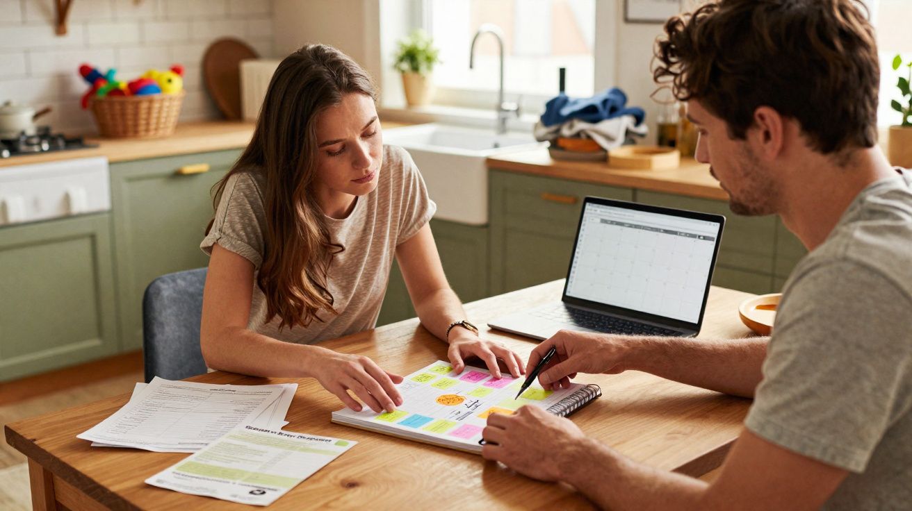 Duas pessoas sentadas à mesa de cozinha a discutir documentos e usando um portátil com calendário aberto.