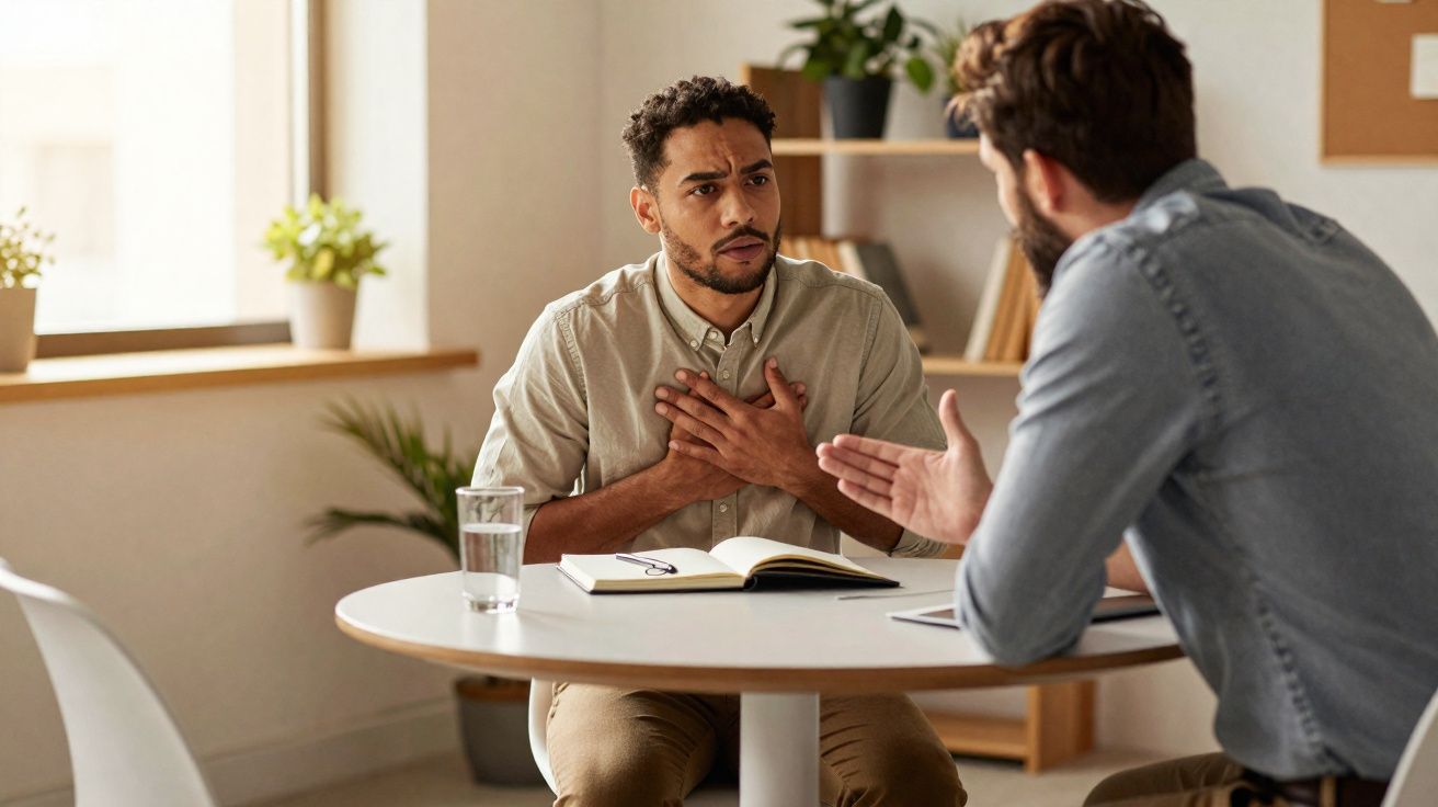 Dois homens sentados à mesa em conversa séria, um com as mãos no peito, mostrado preocupação.