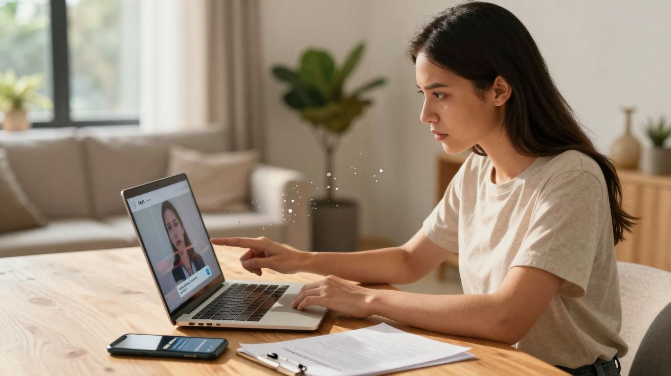 Mulher a usar laptop para videochamada, com documentos e telemóvel numa mesa de madeira.