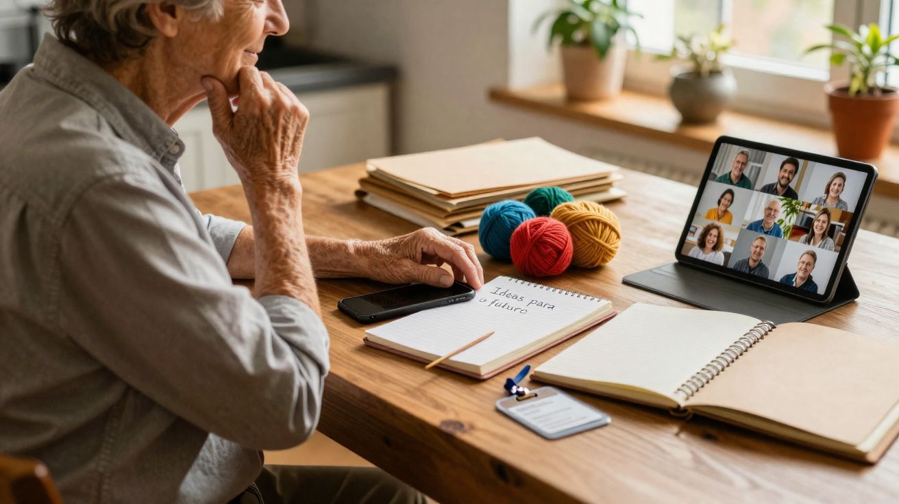 Pessoa idosa numa videochamada com várias pessoas, sentada numa mesa com cadernos e novelos de lã.