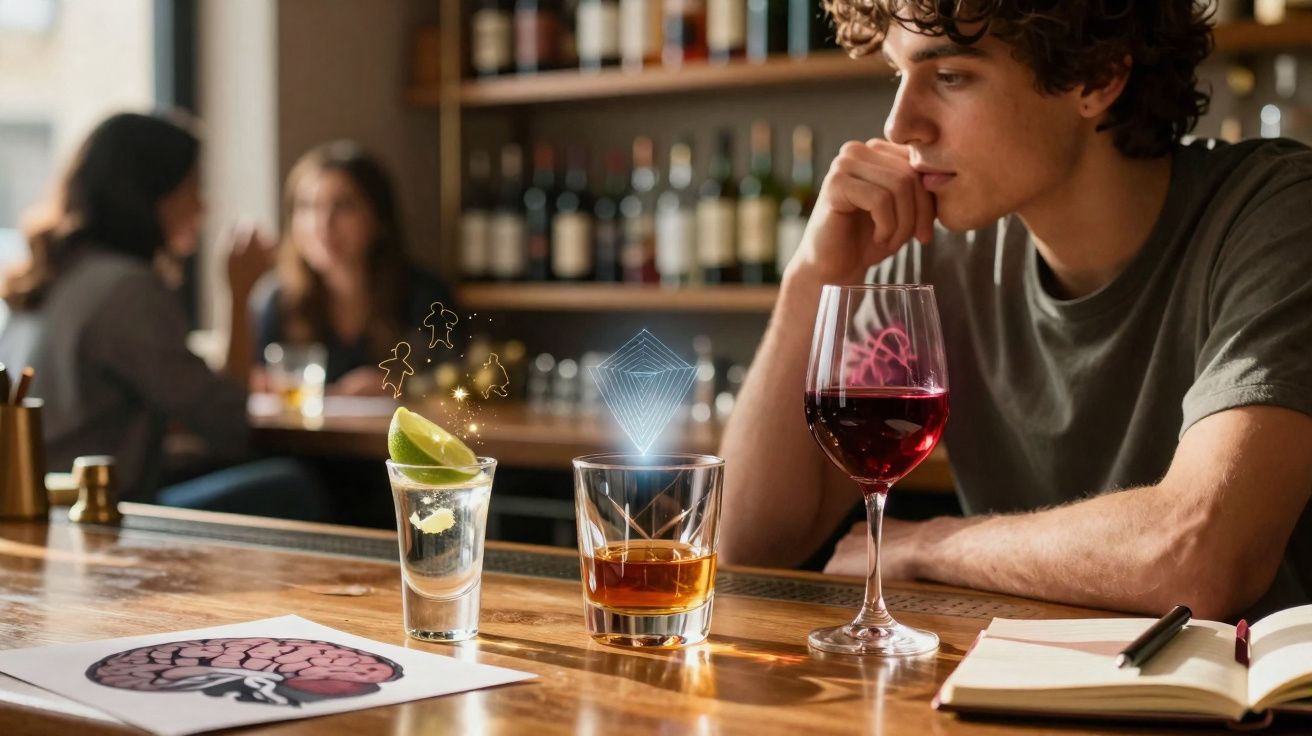 Jovem sentado debruçado numa mesa com três copos de bebidas e livro aberto num bar com hologramas na bebida.