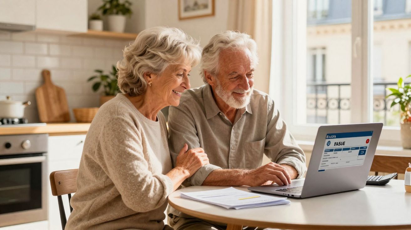 Casal sénior sorridente consulta documentos e usa computador portátil numa cozinha luminosa.