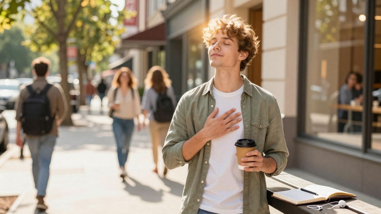 Jovem com olhos fechados e expressão serena segura um copo de café numa rua ao ar livre.