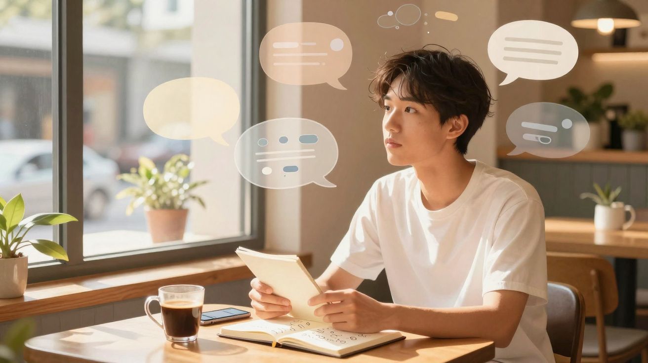 Jovem a segurar tablet, sentado numa mesa com caderno aberto, café e plantas, com balões de diálogo ao redor.