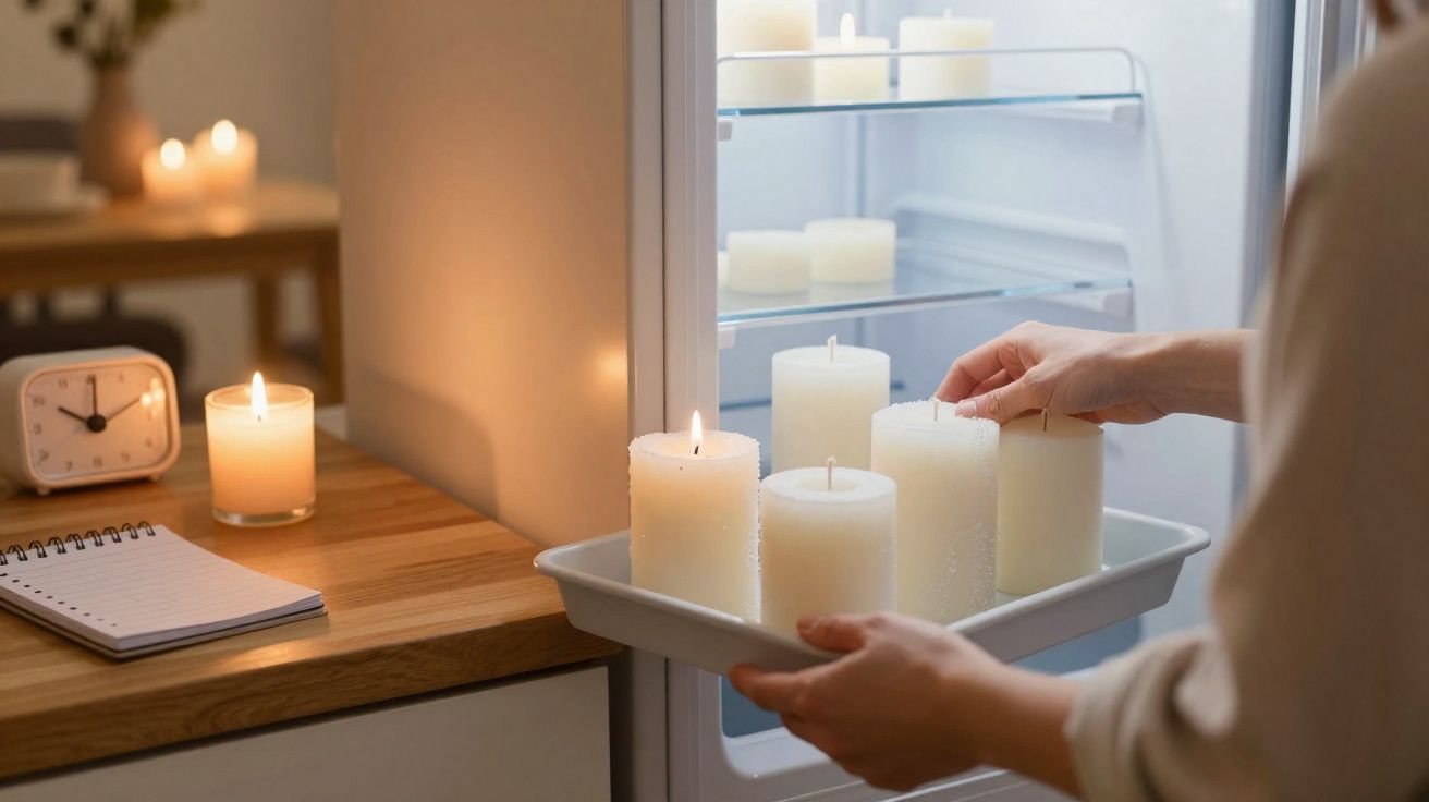 Pessoa a colocar velas brancas numa bandeja dentro do frigorífico aberto numa cozinha com ambiente acolhedor.
