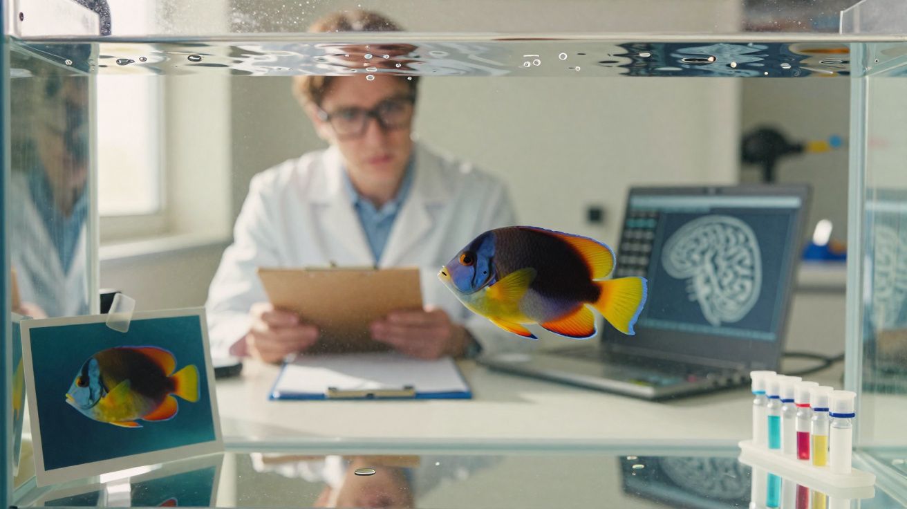 Peixe colorido num aquário de laboratório com cientista a analisar dados numa secretária ao fundo.