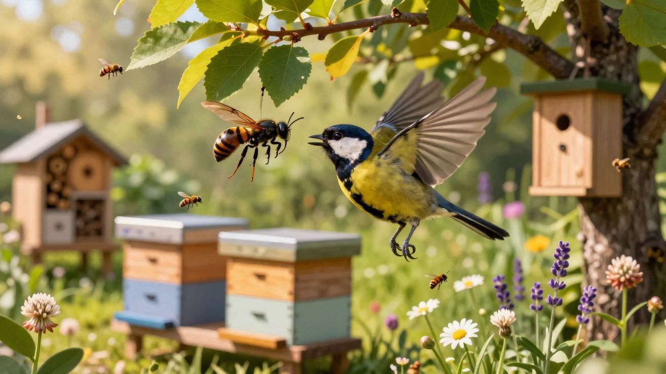 Pássaro e vespa em voo perto de colmeias e flores numa área verde iluminada pelo sol.