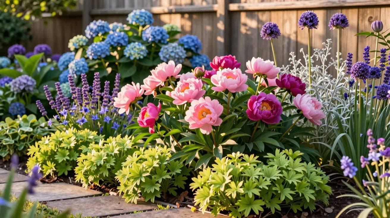 Jardim colorido com peónias rosa, hortênsias azuis e várias flores roxas junto a cerca de madeira.