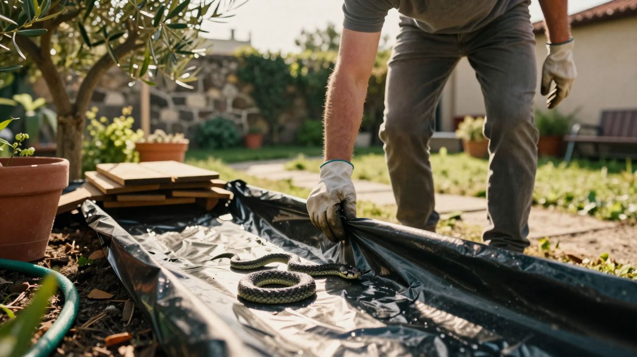 Pessoa de luvas a retirar cobra enrolada sobre plástico preto no jardim com plantas e vasos.
