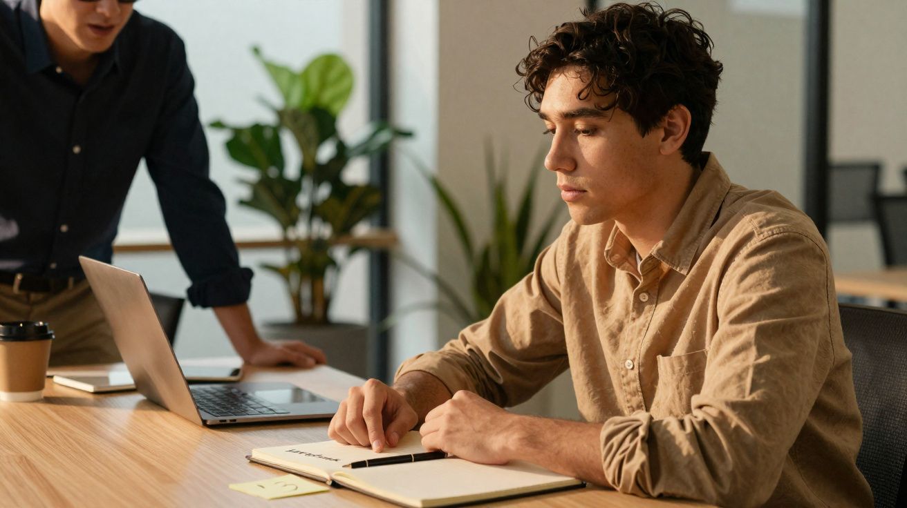 Dois homens em escritório, um sentado a escrever e outro em pé junto a um computador portátil.