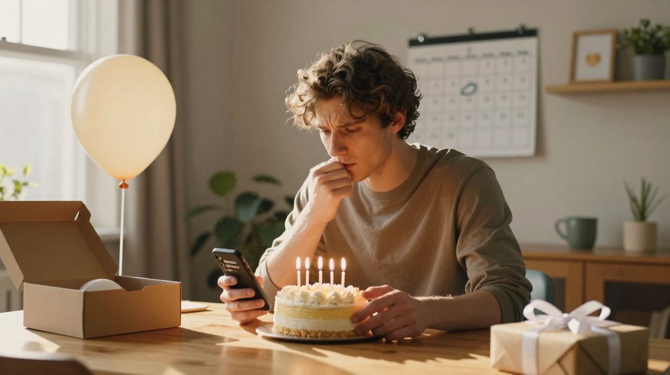 Homem sozinho sentado à mesa com bolo de aniversário, vela acesas, balão e oferta, olhando para telemóvel.
