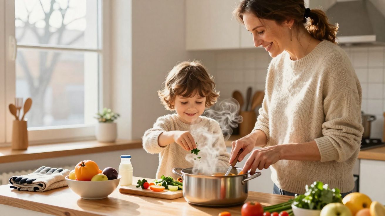 Mãe e filho cozinham juntos numa cozinha luminosa, com legumes e frutas na bancada.