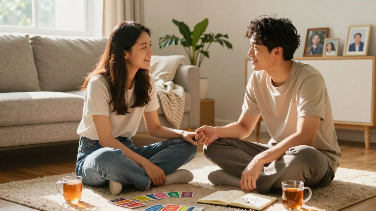Casal sentado no chão da sala a brincar, segurando as mãos e sorrindo um para o outro.