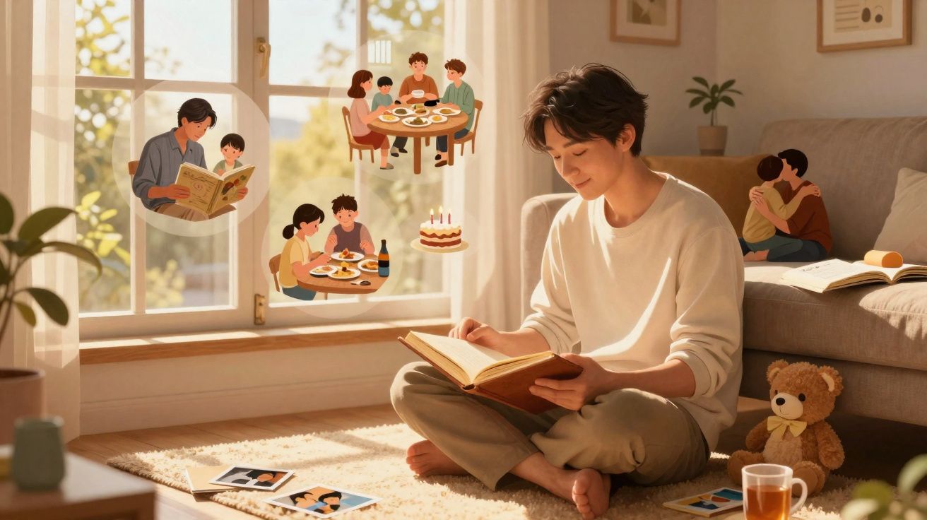 Jovem a ler um livro no chão iluminado pelo sol, com memórias felizes de família em balões acima.