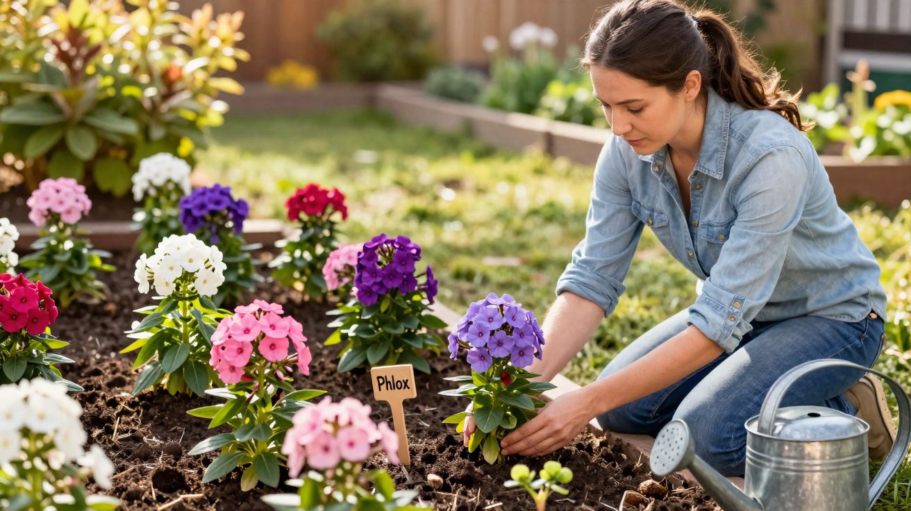 Mulher a cuidar de flores coloridas Phlox num jardim com regador metálico ao lado.