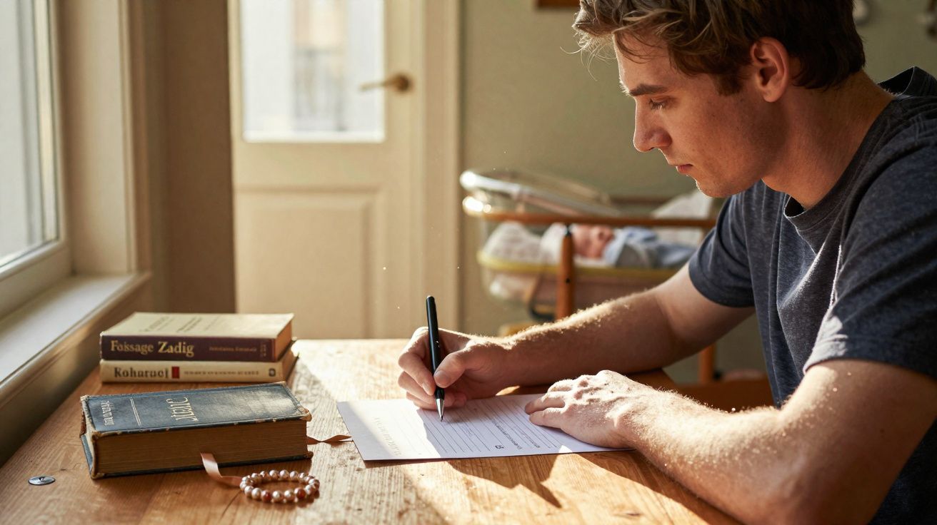 Homem jovem a escrever numa mesa de madeira com livros e um berço com bebé ao fundo.