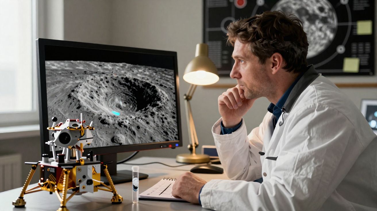 Cientista em laboratório observa imagem da superfície lunar em computador, com modelo de módulo lunar na mesa.