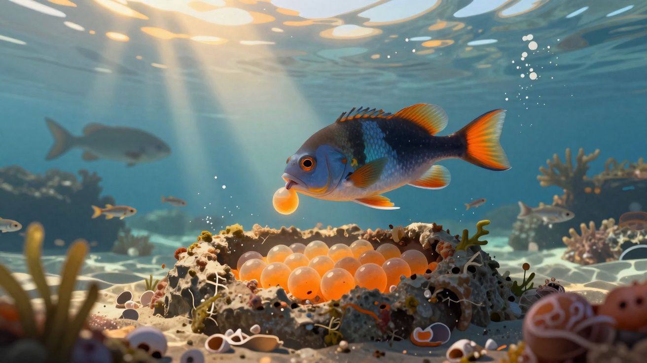 Peixe colorido a proteger ovos em ninhos de coral no fundo do mar com raios de luz solar.