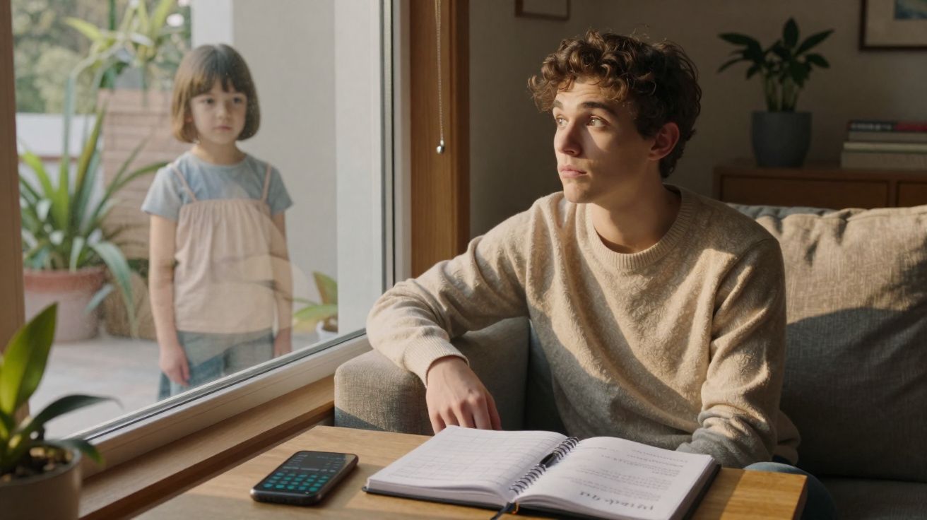 Rapaz sentado no sofá a estudar, olhando pela janela onde menina observa do exterior.