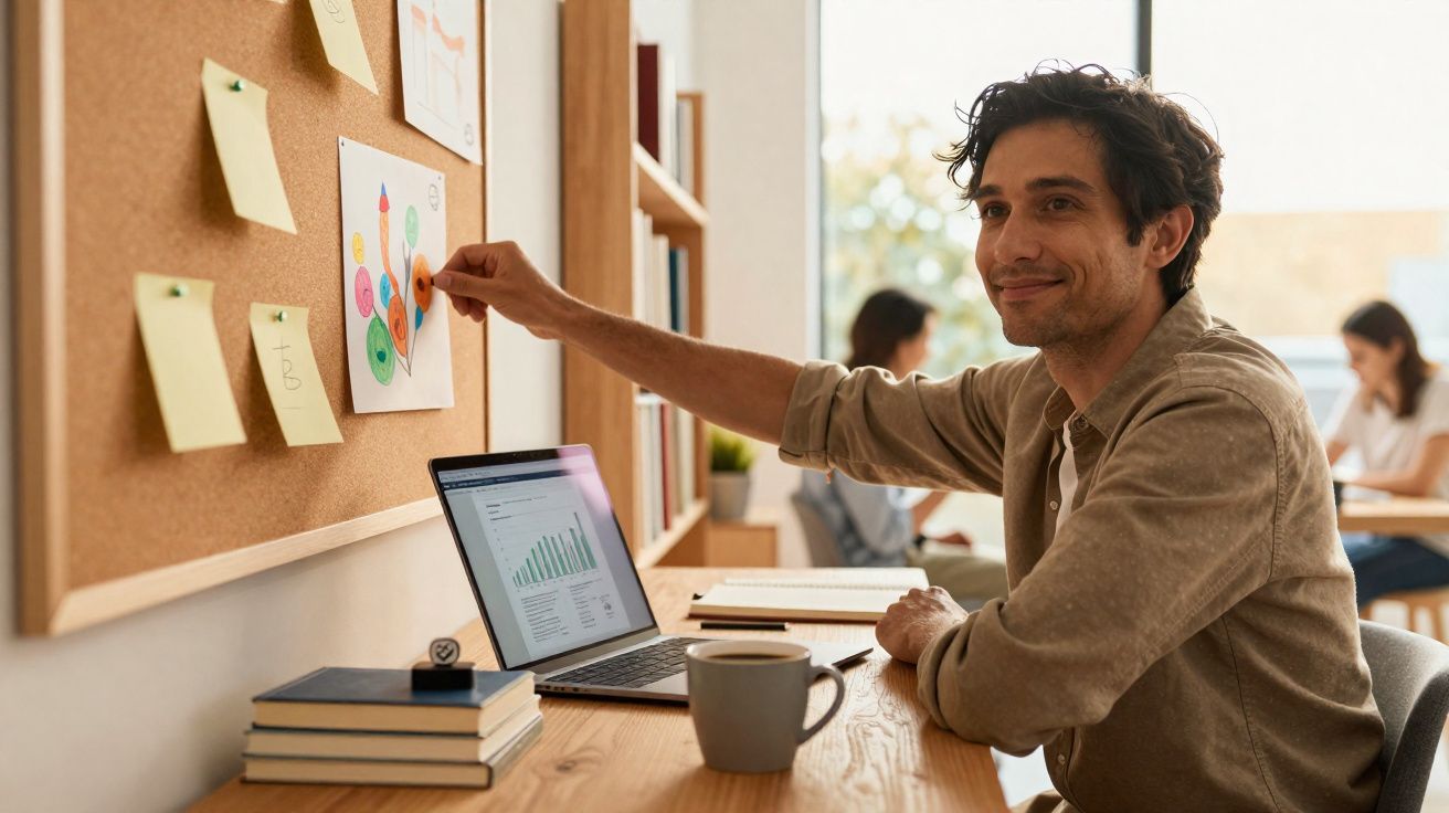 Homem a trabalhar num escritório com laptop, quadro de cortiça e pessoas ao fundo.